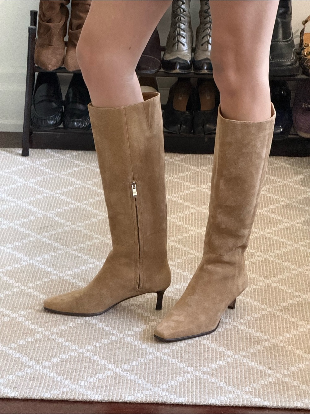 L’intervalle “Giulia” Beige Suede Kitten Heel Knee High Boots